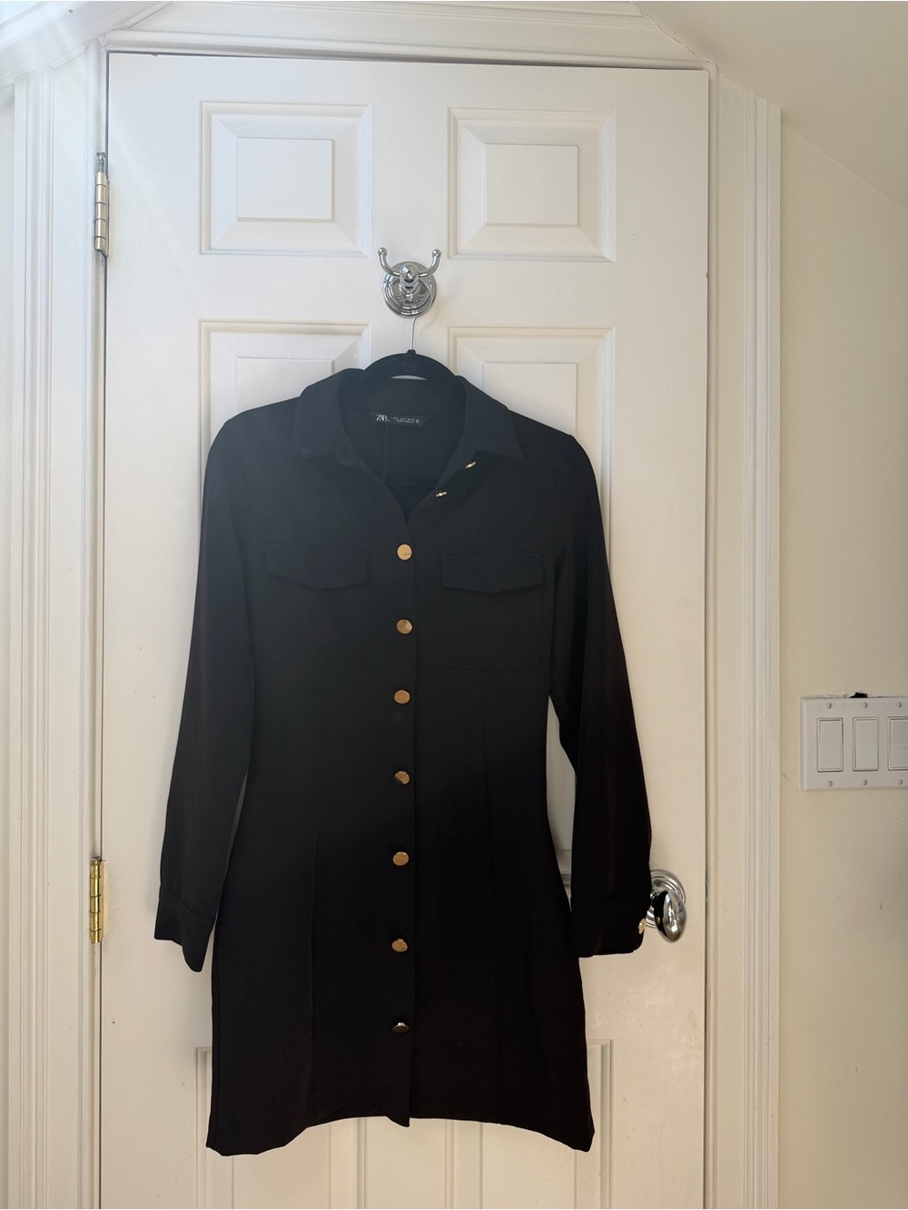 Zara Black Long-Sleeve Shirt Dress with Gold Buttons